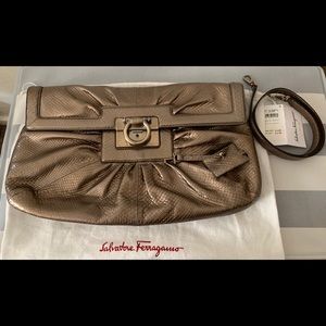 Bronze Ferragamo Snakeskin Oversized Clutch
